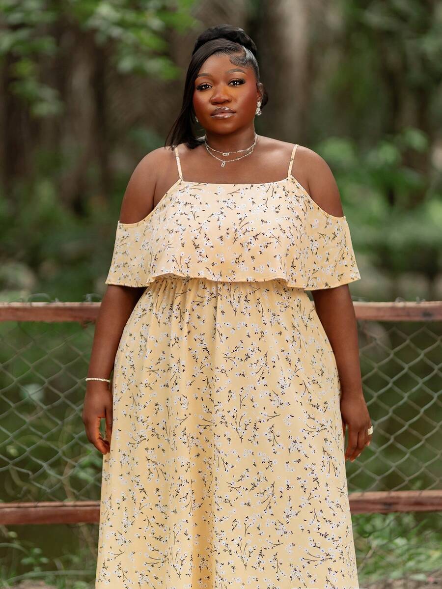 CurvyTilda 长款露肩波西米亚风印花连衣裙，适合大码女性夏季度假穿着，包括连衣裙、夏季连衣裙、女式连衣裙、碎花连衣裙、黄色连衣裙、吊带裙、女士夏季连衣裙、女士夏季套装、女士度假连衣裙、女士休闲连衣裙、女士度假套装以及母亲节服装。 - 黃色 - 查看 1