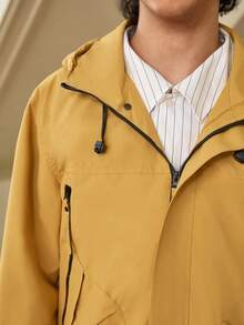 Whitmere 1pc Men's Mustard Yellow Hooded Windbreaker, Men's Utility Jacket, Men's Jacket, Men's Windbreaker, Anti-Lost Zipper Large Pockets Design, Sporty, Machine Washable, Outdoor Hiking Functional Jacket, Comfortable Daily Menswear Top - Yellow - View 7