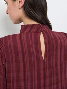 Nöista Burgundy Plaid Blouse With Mock Neck, Keyhole Detail And Long Sleeves. Elegant Design For Office Wear, Day-To-Night Outfits - Burgundy - View 6