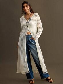 Nubod Plus Size Loose Casual Vacation Hollow Out Button Knit Cardigan Fall - White - View 7