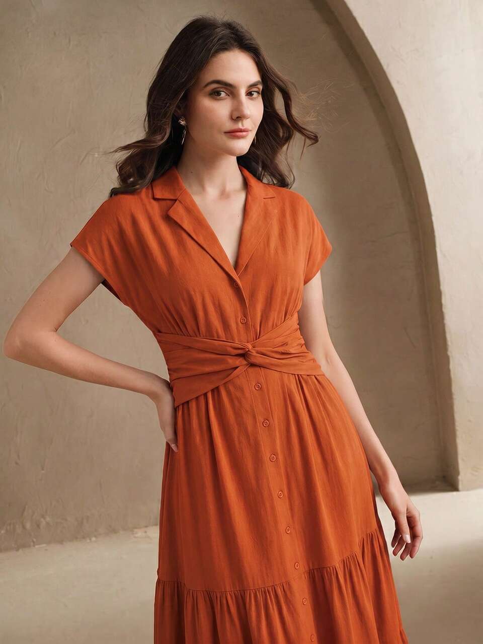 Anewsta Spring/Summer Elegant Fashion Ruched Waist Button Full Skirt Dress