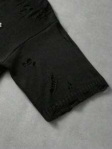 ROMWE MEN Street Life Men's Letter Beaded Round Neck Short Sleeve Distressed Knit Top - Black - View 6
