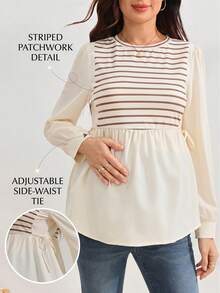 SHEIN Maternity Striped Patchwork Round Neck Long Sleeve Simple T-Shirt Fall - Apricot - View 1