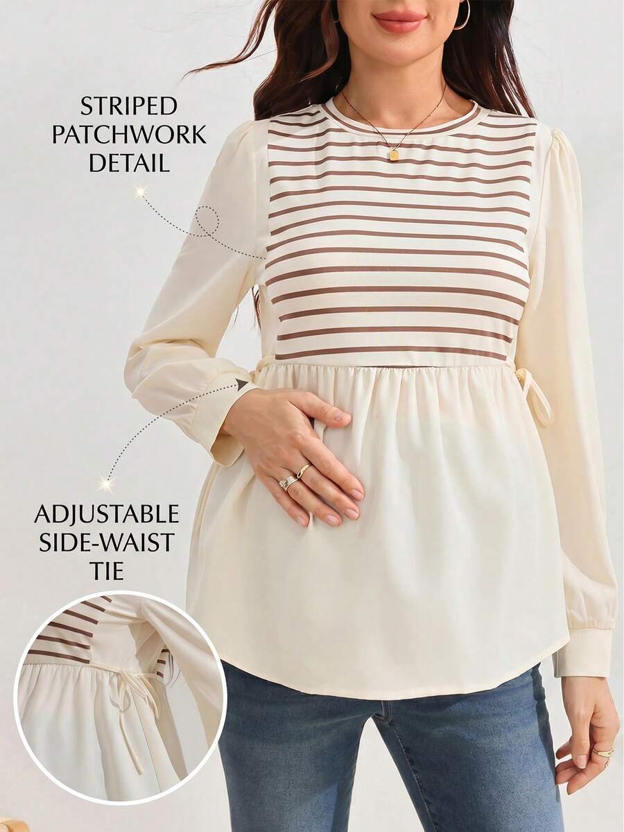 SHEIN Maternity Striped Patchwork Round Neck Long Sleeve Simple T-Shirt Fall - Apricot - View 1