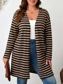 SHEIN LUNE 大尺碼條紋羅紋針織外套 春秋冬款 假日保暖 新年女款 商務休閒 - 棕色 - 查看 3