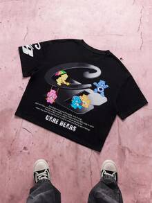 SHEIN X Care Bears تي شيرت رجالي بطباعة كرتونية كاجوال للاستخدام اليومي بأكمام قصيرة - الأسود - مشاهدة 3