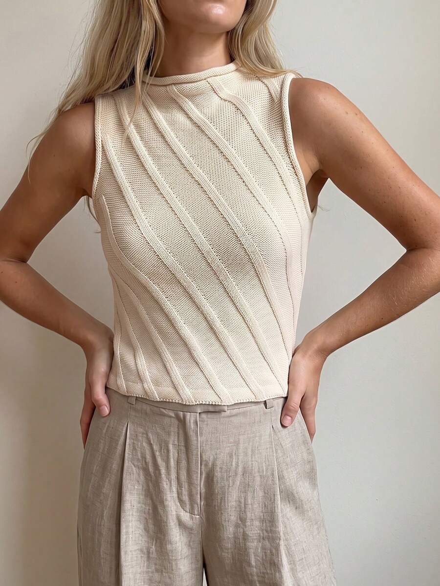 Sprig & Strand Women's Solid Color Diagonal Ribbed Knit Mock Neck Slim Fit Flattering Vintage Minimalist Elegant Soft Sexy Style Top Office Brunch Cream White Summer - Apricot - View 1