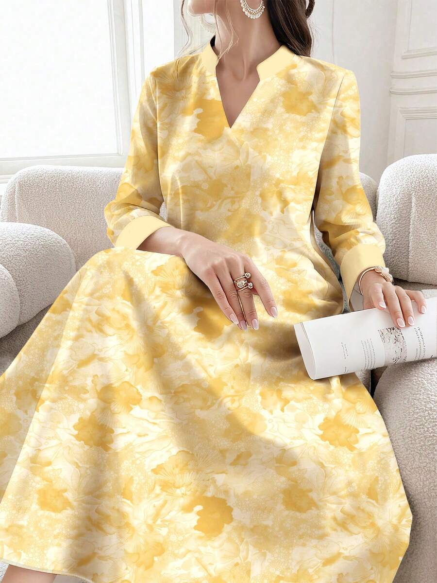 SHEIN Najma 花卉植物夢幻配色印花女款洋裝,時尚V領開襟設計喇叭袖長袖長洋裝,春夏小碎花長洋裝 - 彩色 - 查看 1