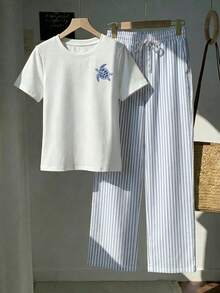 Veykashi Conjunto casual de 2 piezas para mujer talla grande con camiseta de manga corta con estampado de tortuga y pantalones largos a rayas - Multicolor - Ver 4