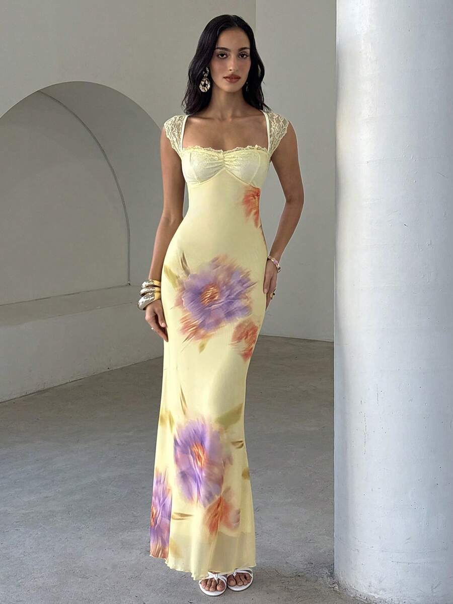 Aloruh 女款花卉印花蕾絲飾邊休閒派對洋裝 - 黃色 - 查看 1