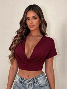 Sirith New Solid Color Deep V-Neck Sexy Cropped T-Shirt Top - Burgundy - View 3