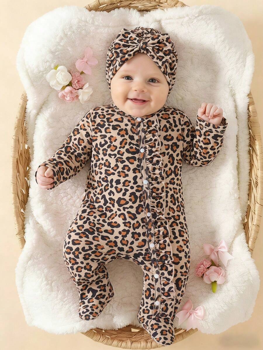 SHEIN 2件組新生兒蝴蝶結印花可愛連身衣，秋冬款 - 棕色 - 查看 1