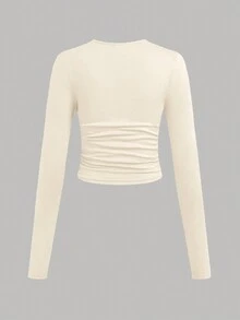 SHEIN Girlism Teen Girl Knit Solid Color 3pcs Pieces Set Round Neck Ruched Long Sleeve T-Shirts - Multicolor - View 7