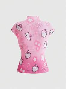 HELLO KITTY AND FRIENDS | ROMWE Y2K Cute Casual Co-Branded All-Over Print Women's Fitted Ruched Waist T-Shirt - Pink - View 2