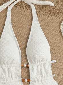 Swim SXY 1pc Solid Color Special Fabric Halter Drawstring High Cut One-Piece Swimsuit - White - View 4