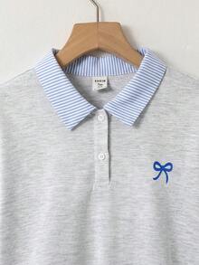 青少年女孩 Polo 領條紋刺繡圖案短袖中長洋裝，適合青少年女孩，對比色荷葉領花瓣袖印花洋裝，適合學校、戶外活動、購物，鈕扣洋裝 - 彩色 - View 5