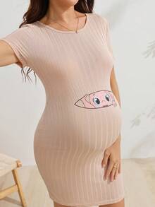 SHEIN Maternity Cartoon Print Short Sleeve Slim Fit Casual Dress - Apricot - View 4