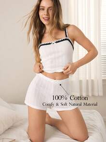 Ocili Lowkey Lull 100% Baumwolle Bequemer Minimalistischer Dichte Kante Lässig Weich Chic 2-teiliges Set Minimalistischer Neutraler Damen Pyjama Loungewear Set - Weiss - Übersicht 1