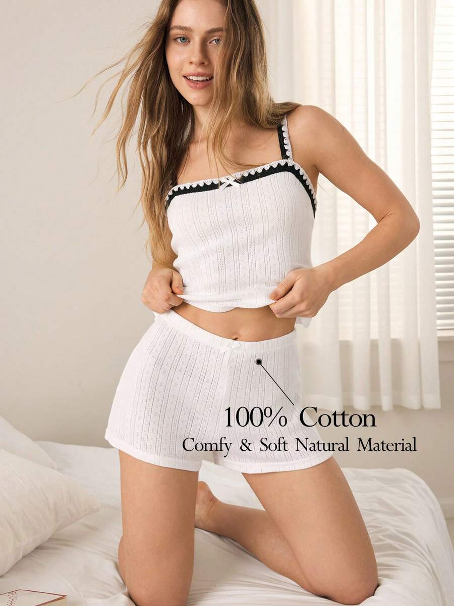 Ocili Lowkey Lull 100% Baumwolle Bequemer Minimalistischer Dichte Kante Lässig Weich Chic 2-teiliges Set Minimalistischer Neutraler Damen Pyjama Loungewear Set - Weiss - Übersicht 1