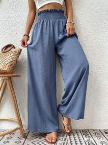 Breezaya Vacation Casual Versatile Solid Color Wide Leg Long Pants - Blue - View 4