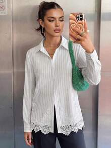 Avenya Chemise à manches longues avec col à bordure en dentelle rayée, style décontracté élégant et chic, pour le quotidien, les trajets, la Fête des enseignants, le brunch et le bureau, noir et blanc, automne - Blanc - Voir 7