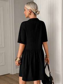 Women's Solid Color Short Sleeve Single-Breasted Ruffle Hem Casual Dress - Black - View 2