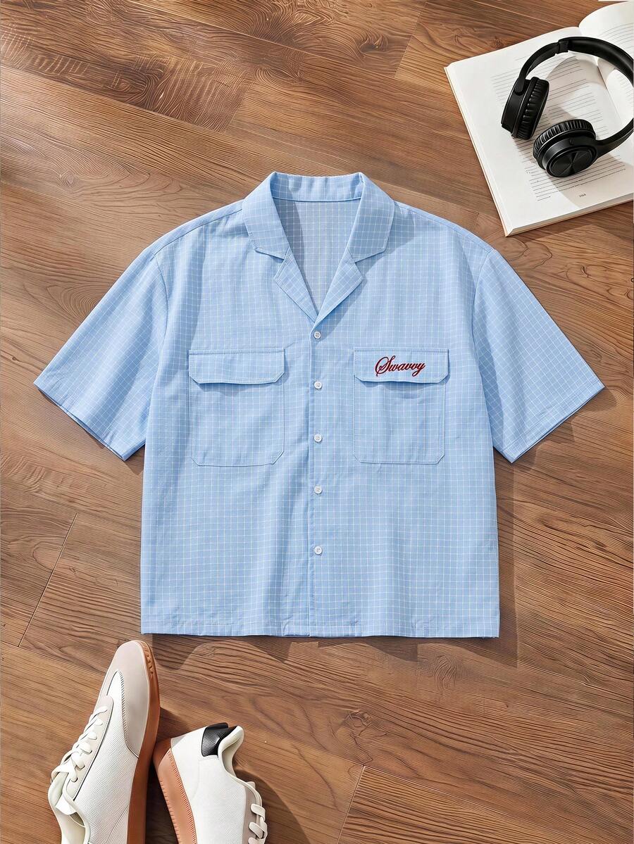 SWAVVY Men's Summer Casual Plaid Shirt - Blue - View 1
