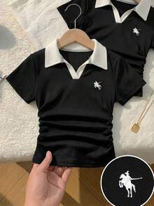 SHEIN 女童皇家藍與白色領針織休閒拼色拼接修身收腰T恤，附小Logo刺繡 - 黑色 - 查看 4