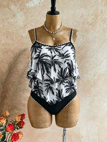 Swim Lushoire Setelan 2pcs Wanita Ukuran Plus Motif Pohon Kelapa, Atasan Tali Bahu Tipis dengan Hiasan Ruffle dan Celana Panjang Pinggang Tinggi dengan Hiasan Ruffle, Liburan Musim Panas di Pantai, Warna Putih - Hitam dan Putih - View 7