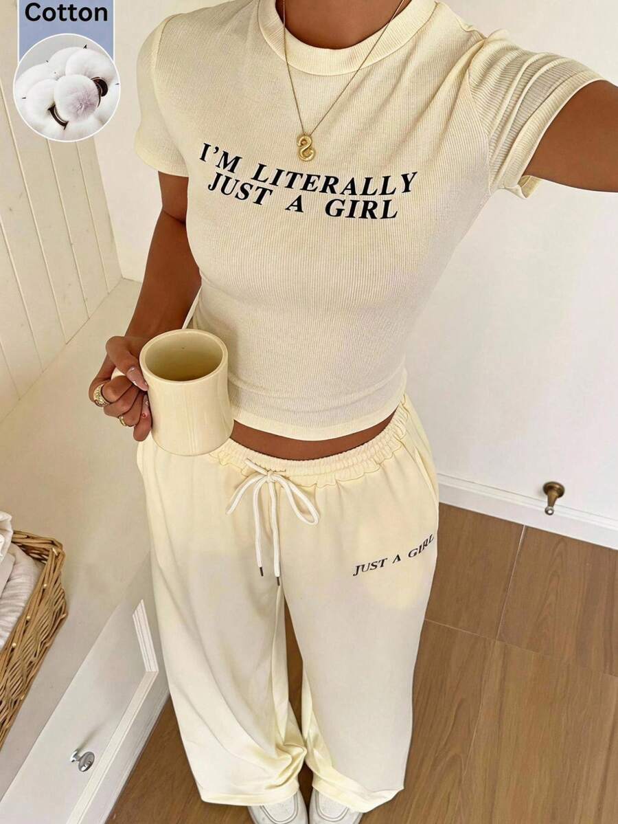 SHEIN EZwear 女款白色針織休閒圖案套裝，復古風做舊印花水洗質感，街頭風返校居家睡衣夏季款
