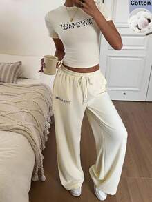 SHEIN EZwear 女款白色針織休閒圖案套裝，復古風做舊印花水洗質感，街頭風返校居家睡衣夏季款 - 淡黃色 - 查看 8