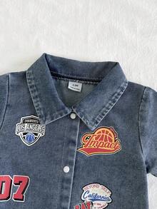 SHEIN Vintaside Kids 男嬰夏季運動數位籃球印花短袖連身衣 - 霧霾藍 - 查看 5