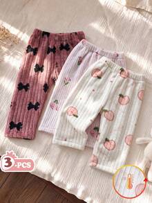 SHEIN Vintaside Kids 3件組女嬰休閒百搭可愛花朵蝴蝶結水果印花毛絨褲，適合秋冬、室內、戶外、度假、日常穿著 - 彩色 - 查看 2