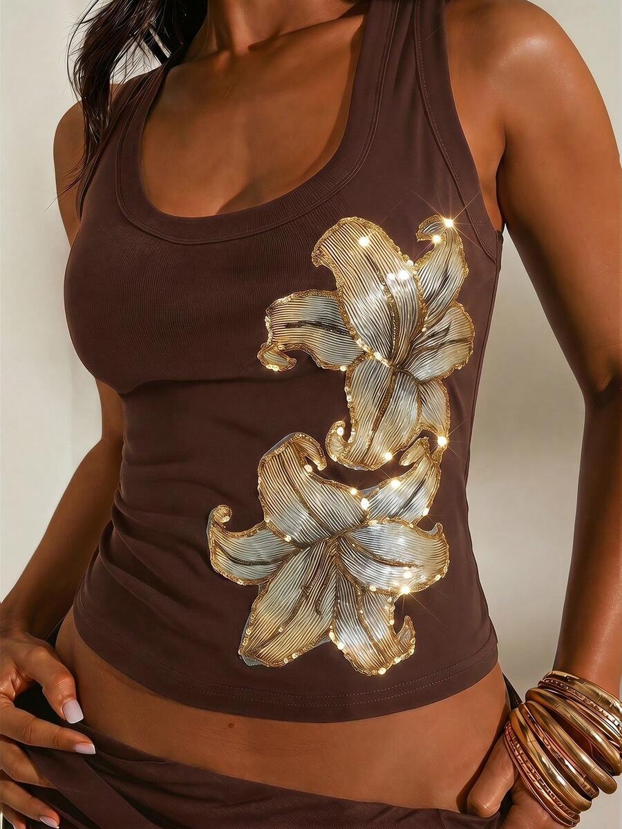 Opulessa Spring/Summer Vacation Solid Color Knit Fitted Women's Tank Top - Brown - View 1