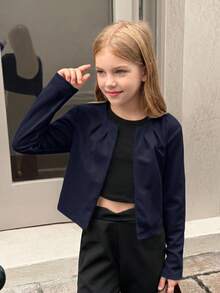 SHEIN 兒童青少年女孩休閒日常百搭純色百褶圓領前開扣短版七分袖秋季外套，返校季 - 藍色 - 查看 8