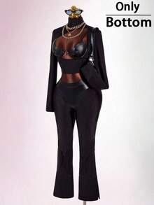Amplova Women's Triangle Patchwork Suede Sporty Sexy Tight-Fitting Bodycon Waist-Cinching Low-Waist Skinny Long Pants Halloween Club Black Autumn - Black - View 5