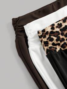 Girlism Tween Girl Tween Girls 3pcs Spring/Summer New Fashion Casual Brown & White Leopard Print Waistband Solid Color Patchwork Leopard Print Flare Leggings Set, Elastic Waistband, Fitness Sports Flare Leggings, American Retro Versatile - Brown - View 6