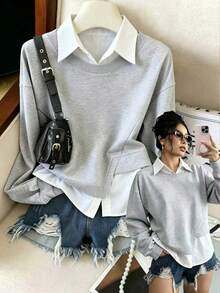 GlowEve Nouveau Sweat-shirt femme à la mode, décontracté et polyvalent, design 2 en 1 avec patchwork col blanc et ourlet, col montant, style vacances pour le quotidien en automne - Gris - Voir 7