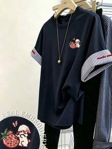 Resyla Plus Size Summer Casual Striped Patchwork Cartoon Embroidered Top - Royal Blue - View 1