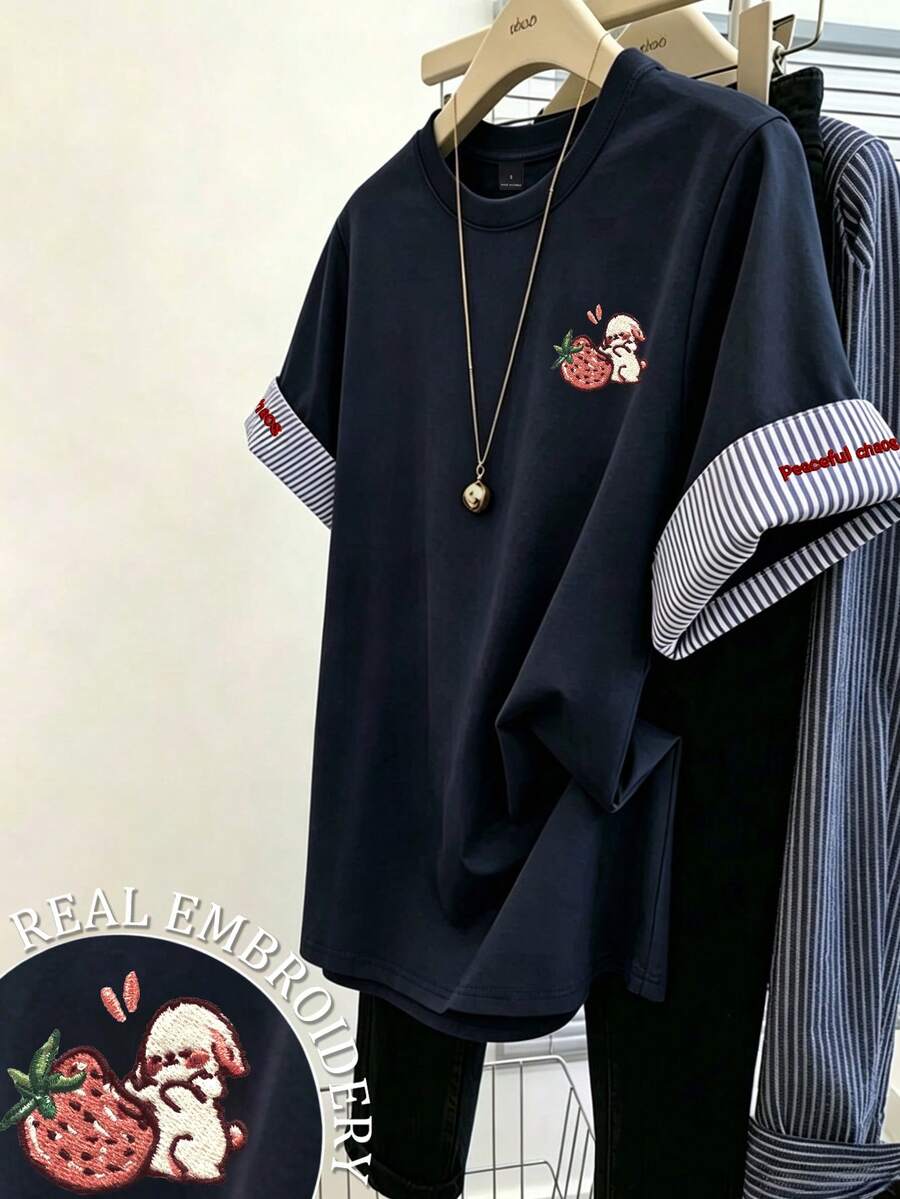 Resyla Plus Size Summer Casual Striped Patchwork Cartoon Embroidered Top - Royal Blue - View 1