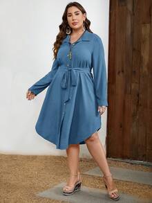 EMERY ROSE Plus Size Women Solid Color Waist Tie Casual Daily Wear Dress Fall - Dusty Blue - View 5