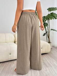SHEIN PETITE CURVE 大尺碼休閒寬鬆度假長褲 - 駝色 - 查看 2