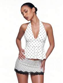 SHEIN ICON 女士95%纯棉黑白波点露背吊带深V领褶皱A字露背上衣 - 性感可爱复古Y2K椰子女孩风格，适合春夏度假、海滩、夏威夷、海岛之旅、波西米亚风和音乐节 - 彩色 - 查看 1