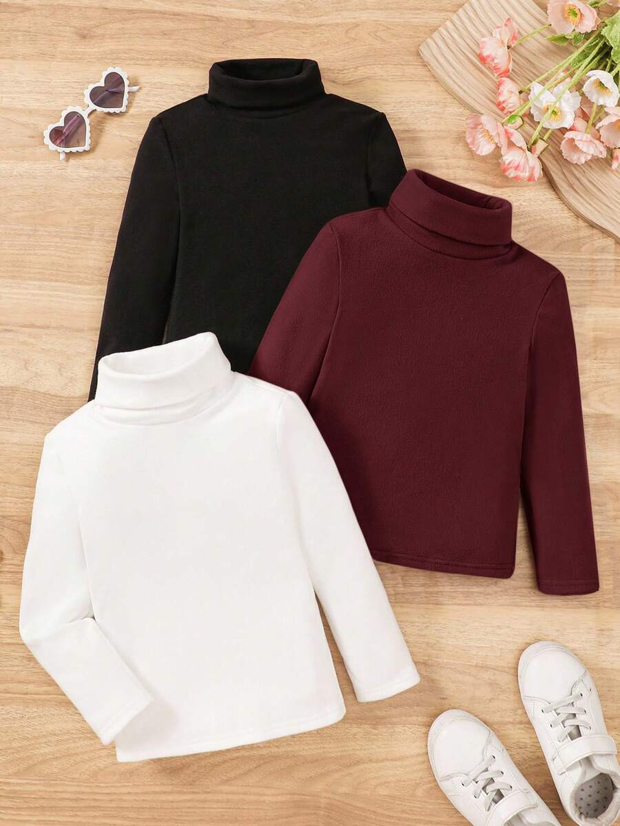 SHEIN 女童高領保暖內搭T恤,秋季服飾,適合日常休閒穿著,3件組 - 彩色 - 查看 1