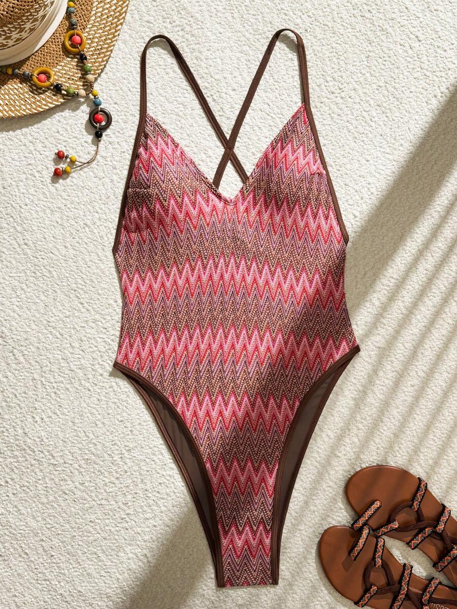 Swim Vcay 夏季新款多色紋理布料深V高衩露背交叉繫帶連身式女款泳衣,適合海灘浪漫度假 - 彩色 - 查看 1