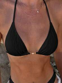 Swim Mod Women Fashionable Summer Beach Vacation Style Solid Simple Bikini Top - Black - View 6