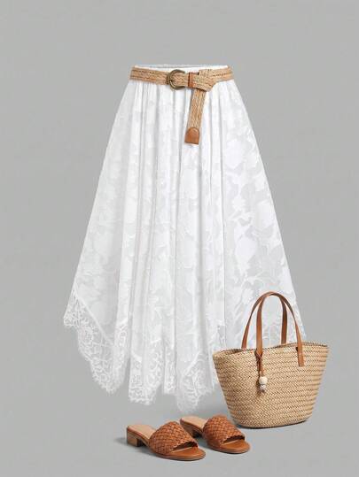 Sweetra Spring/Summer White Gentle Atmosphere Chiffon Floral Jacquard Skirt, Creating Light And Romantic, Tight Pleated Waist Design, Lively And Elegant, Gentle Style, French Romantic, Light Bridal Style, Daily Commute