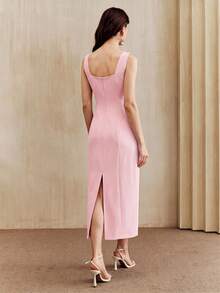 Anewsta Women's Summer Fashion Elegant 3D Floral Sleeveless Spaghetti Strap Fitted Slit Maxi Dress - Pink - View 2