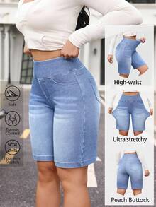 Flexra Plus Size Summer Casual High Waist Denim Shorts - Blue - View 1