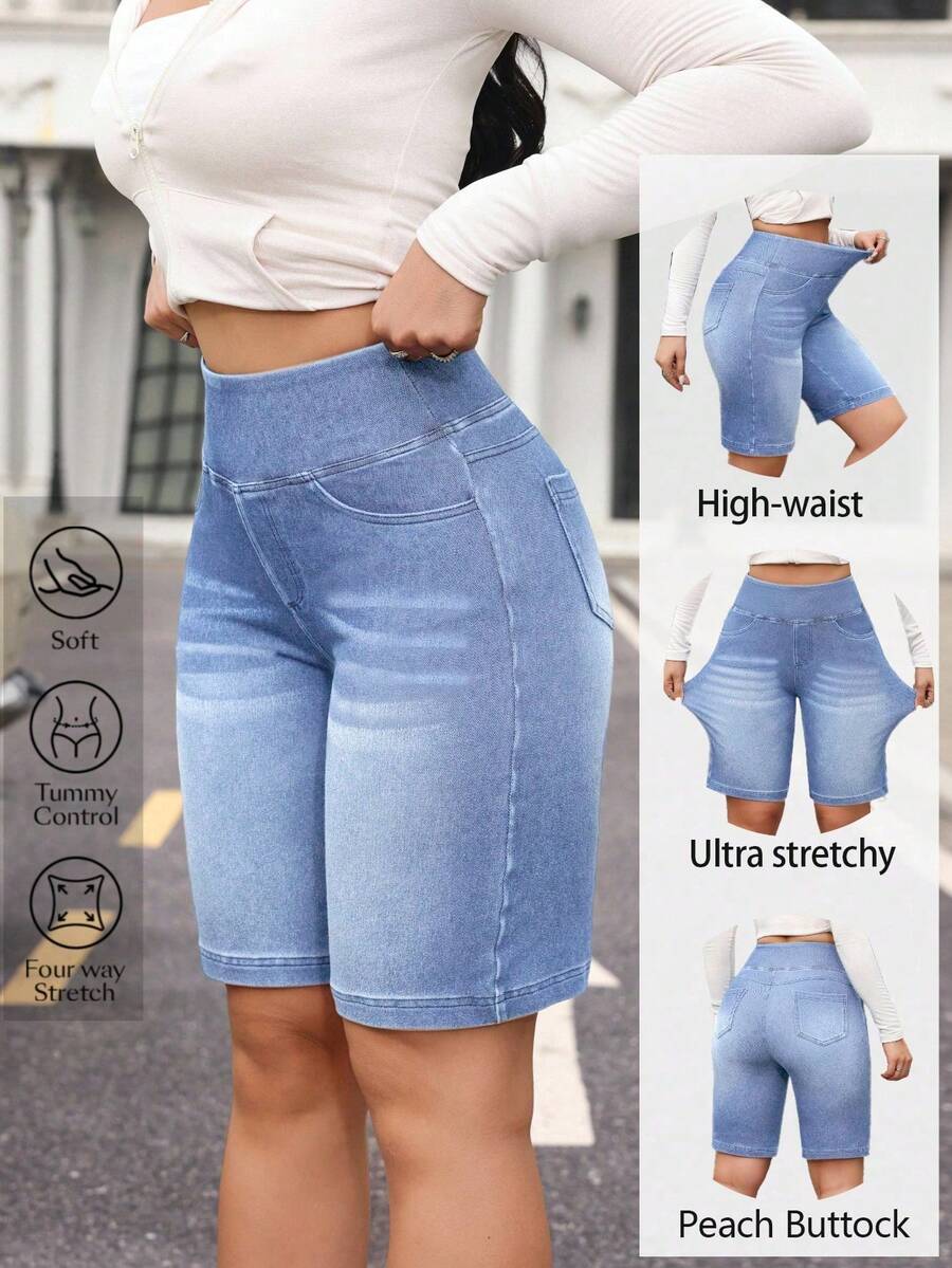 Flexra Plus Size Summer Casual High Waist Denim Shorts - Blue - View 1
